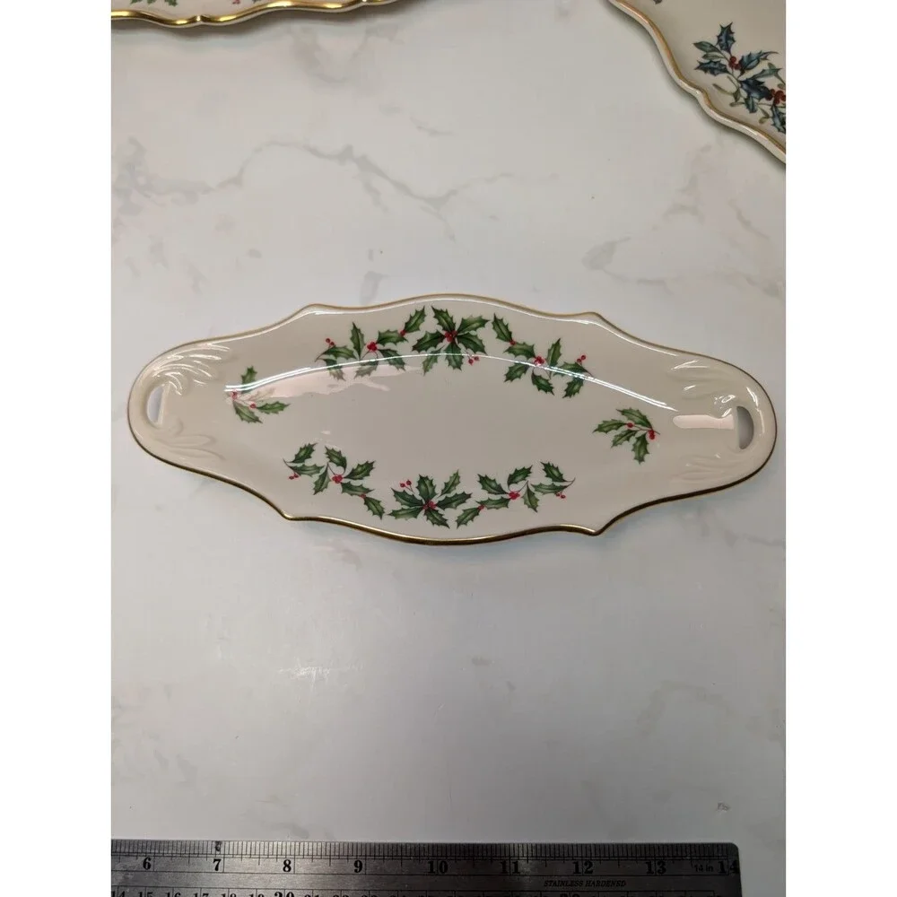 Lenox Holiday 4 Pc Serving Tray Cake Plate Leaf Dish Cardinal Platter USA